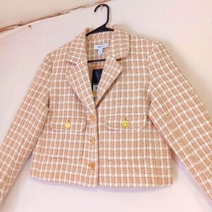 tweed blazer jacket,pockets, gold buttons, office,Nine west,sz M, crooped.